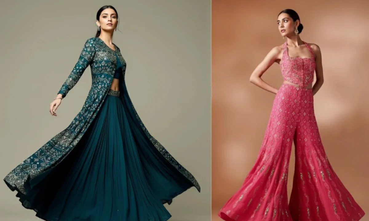 Beautiful Indian woman wearing stylish Diwali outfit ideas for women 2025 – trendy ethnic festive wear look with saree, sharara, and Indo-western dress.