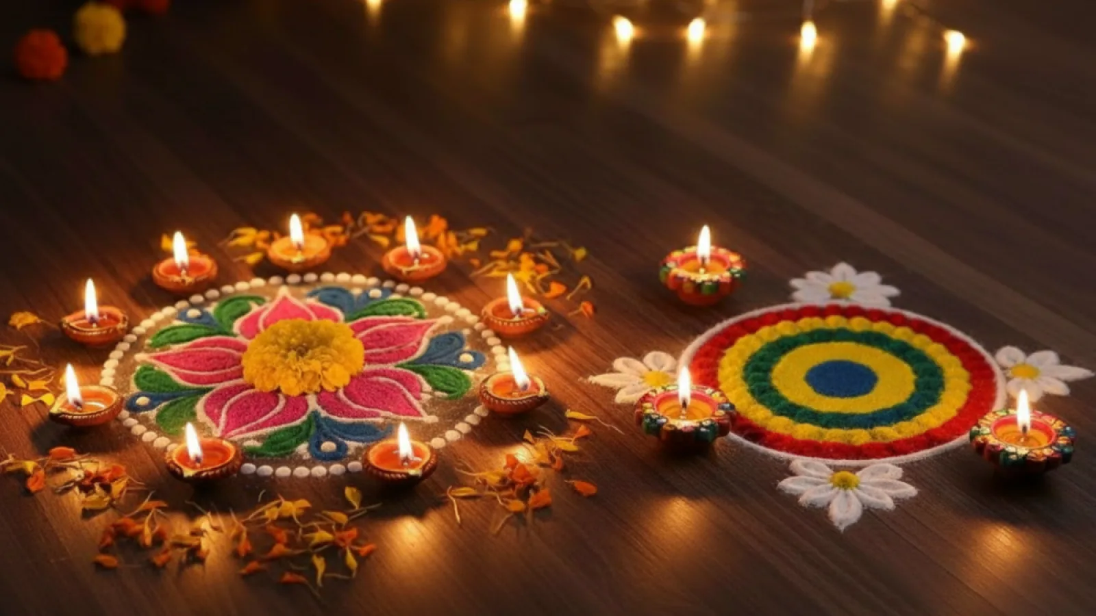 Small Rangoli Design For Diwali with colorful powders and diyas decorating home entrance beautifully