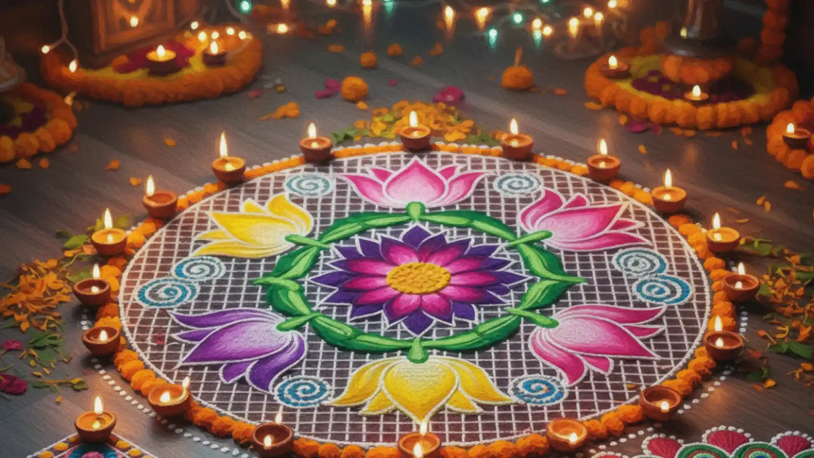 Small Rangoli Design For Diwali with colorful powders and diyas decorating home entrance beautifully
