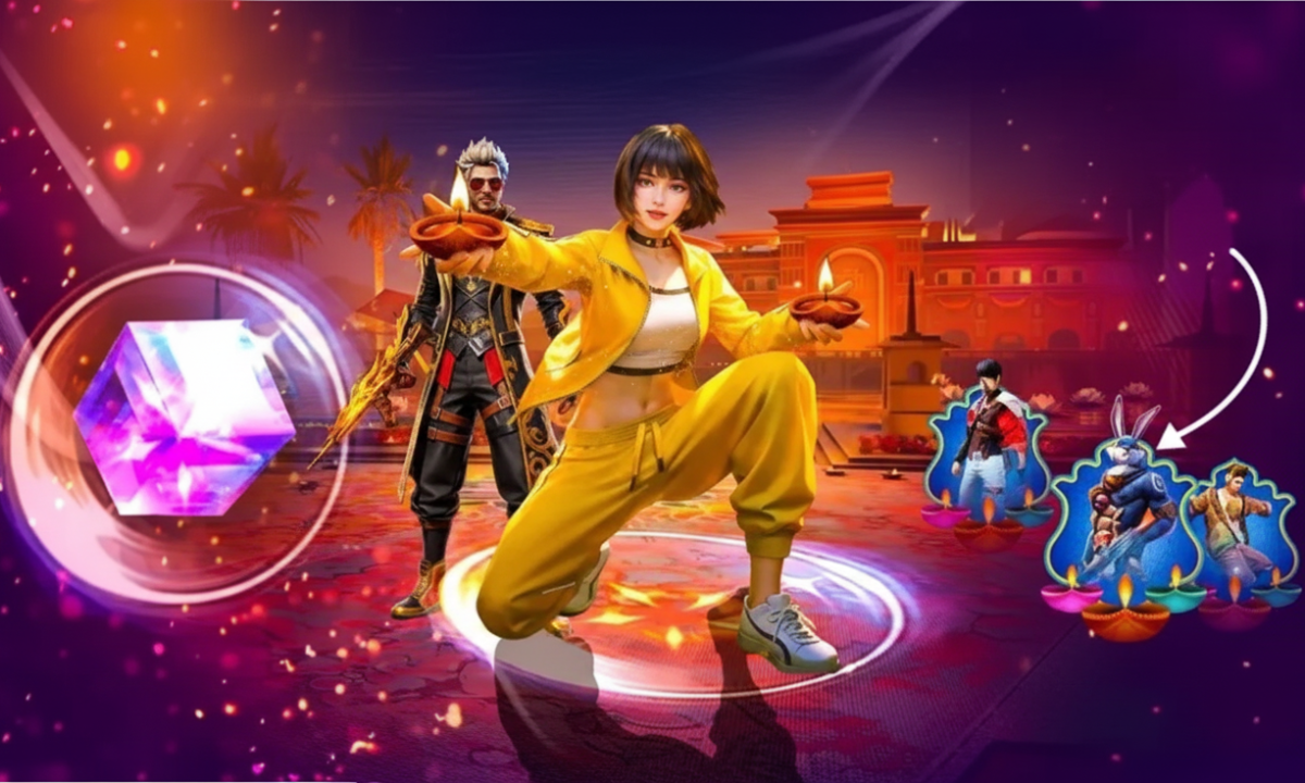 Free Fire Diwali Event QR Code 2025 official poster showing Garena Diwali offer, free diamonds, bundles and rewards giveaway for players.
