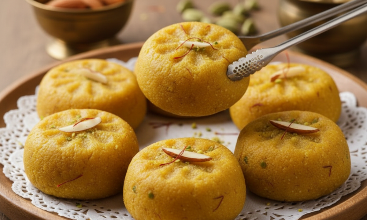 Homemade Kesar Peda Recipe for Diwali – Delicious saffron milk peda garnished with pistachio and almonds.