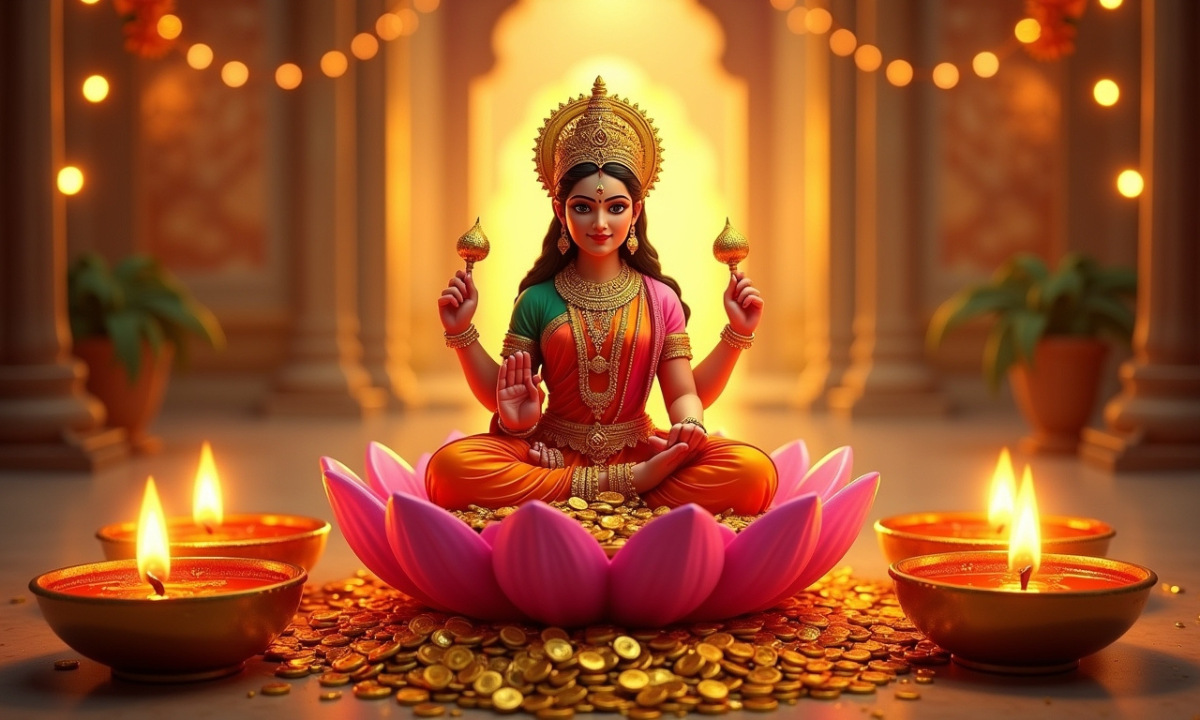 Mata Laxmi Aarti: धनतेरस पर माता लक्ष्मी की आरती से दूर होती हैं आर्थिक परेशानियाँ 1 Mata Laxmi Aarti With Goddess Lakshmi Image, Dhanteras 2025 Puja, Deepak, And Full Hindi Lyrics Devotion Scene