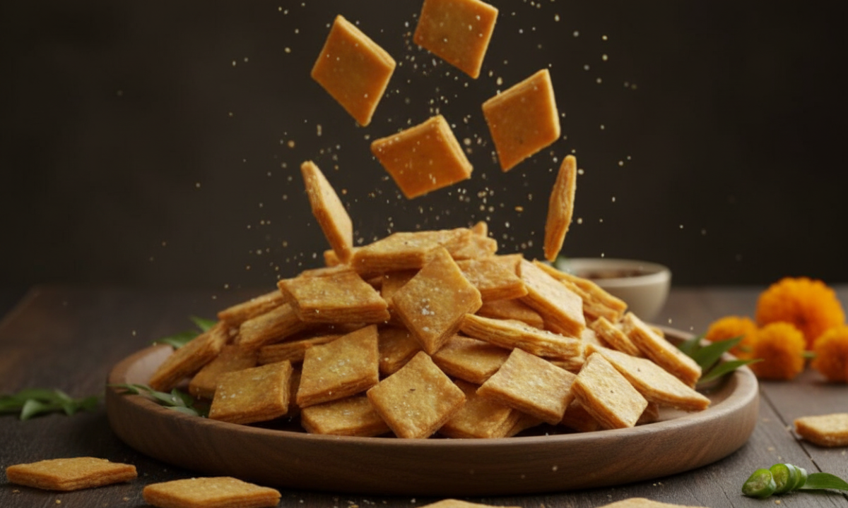 Crispy Namak Pare Recipe For Diwali served in a festive bowl with diyas and flowers – traditional Indian snack for Diwali celebrations.