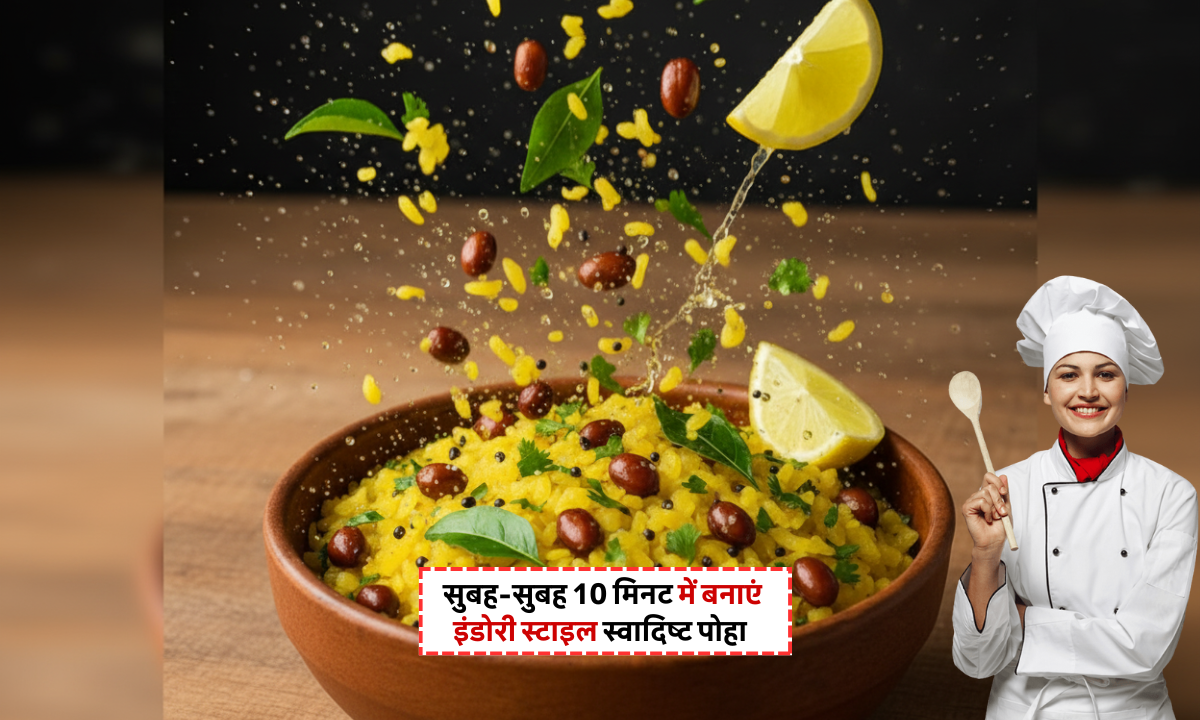 Poha Recipes: स्वादिष्ट इंडोरी पोहा रेसिपी, धनिया, अनार और सेव से सजी प्लेट – हेल्दी नाश्ता आइडिया