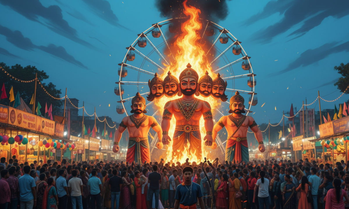 Ravan Dahan 2025 Timing: दशहरा पर जानें रावण दहन का सही मुहूर्त और पूजा का शुभ समय! 1 Ravan Dahan 2025 Timing के अनुसार दशहरा पर रावण दहन का दृश्य