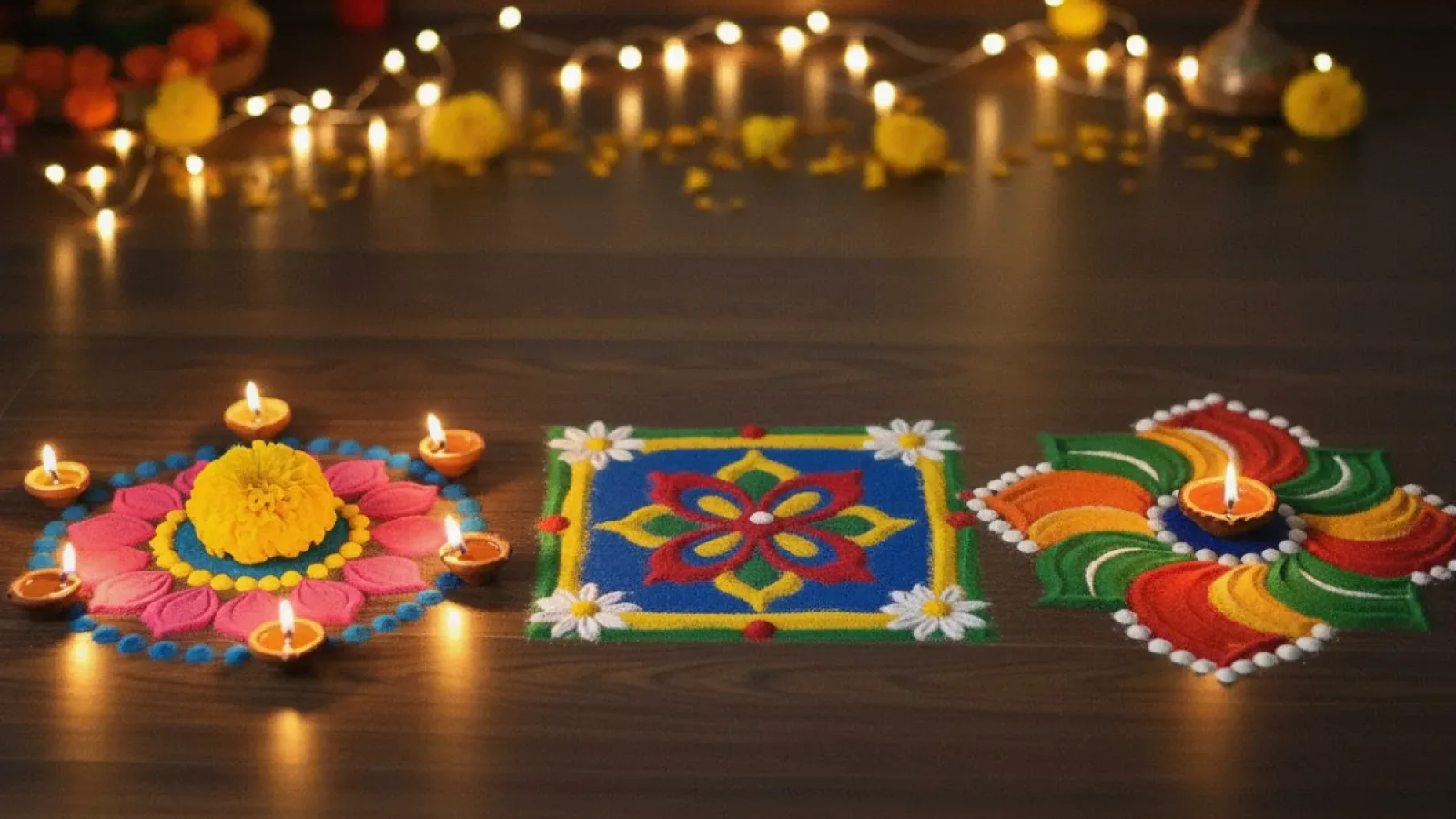 Small Rangoli Design For Diwali with colorful powders and diyas decorating home entrance beautifully
