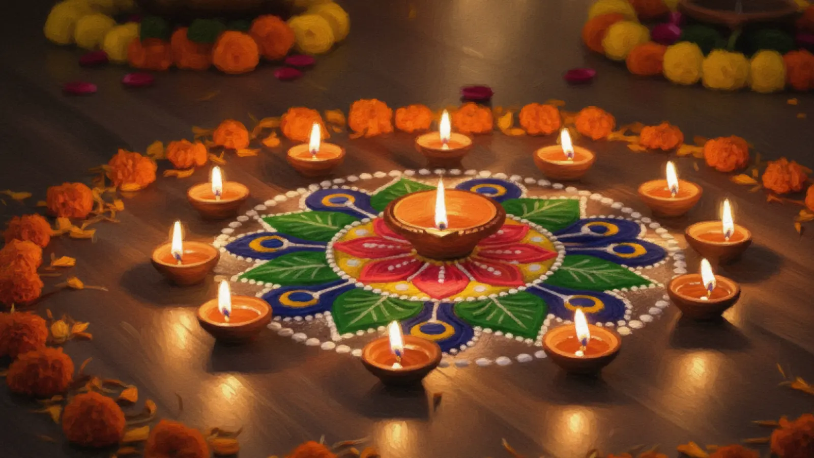 Small Rangoli Design For Diwali with colorful powders and diyas decorating home entrance beautifully
