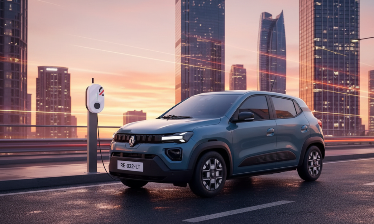 Renault Kwid E Tech electric car 2026 model with 298 KM range, 6 airbags and modern design showcased in Brazil