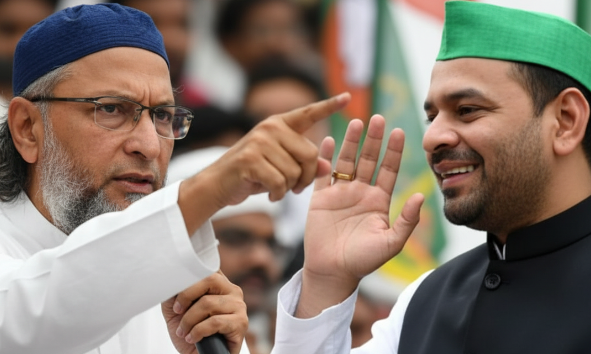 Bihar Election 2025 में ओवैसी की AIMIM का 100 सीटों पर चुनाव लड़ने का ऐलान और तीसरे मोर्चे की रणनीति।