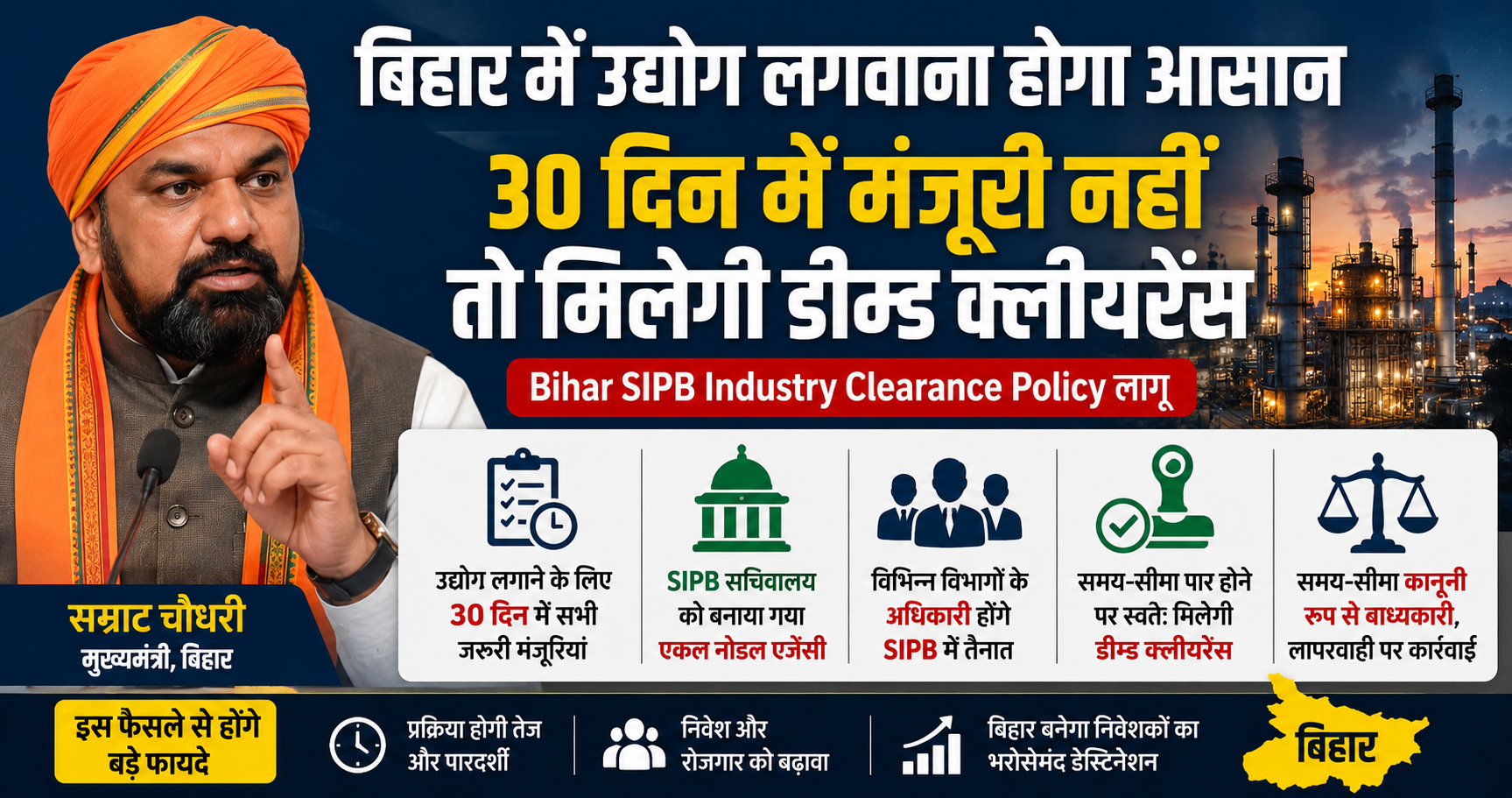 Bihar SIPB Industry Clearance Policy: 30 दिन में मंजूरी, नहीं तो मिलेगी डीम्ड क्लीयरेंस