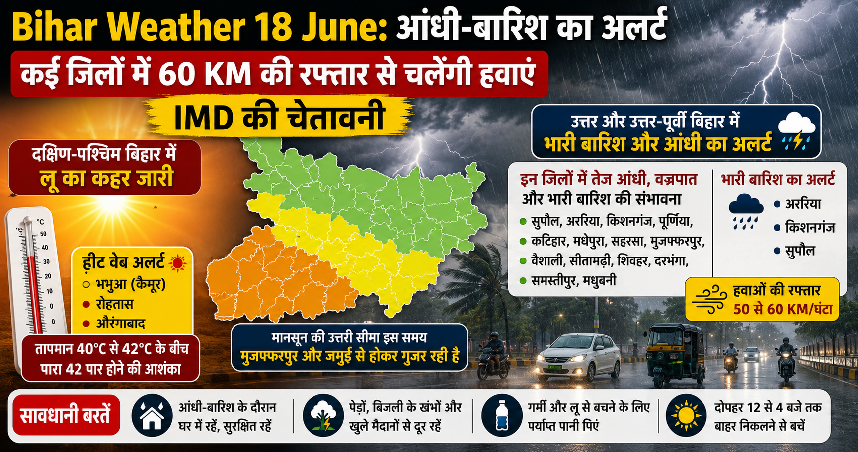 Bihar Weather 18 June: आंधी-बारिश का अलर्ट, कई जिलों में 60 KM की रफ्तार से चलेंगी हवाएं