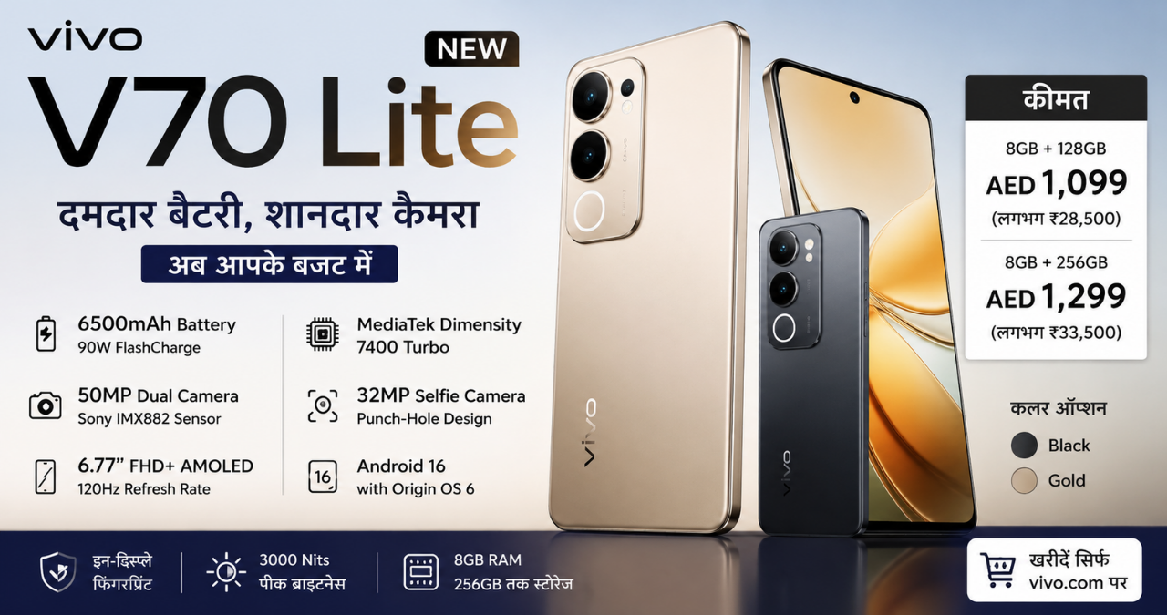 Vivo V70 Lite: 6500mAh बैटरी और 50MP कैमरे के साथ लॉन्च, जानें कीमत