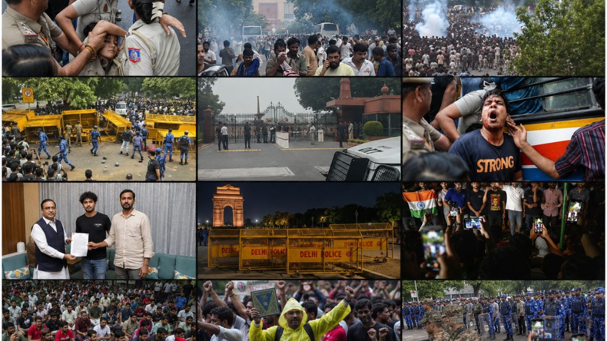 जनपथ में प्रदर्शनकारियों के पथराव से क्षतिग्रस्त दिल्ली पुलिस की बस